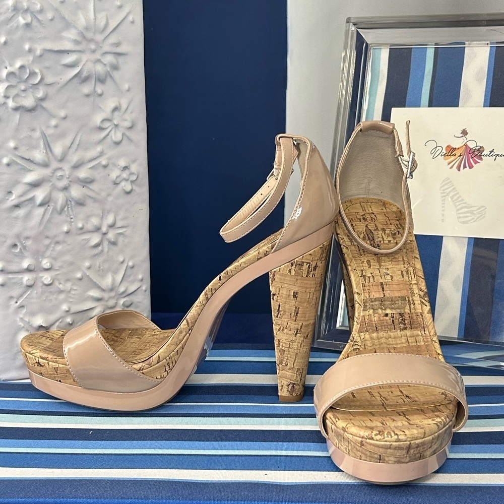 Lauren Conrad nude cork ankle strap platform high heel sandals sz 9.5